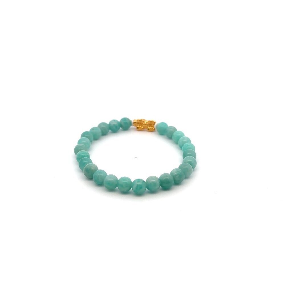18K Gold Pixiu Piyao Lucky Charm Bracelet Natural Amazonite Peru Gemstones 6mm - Picture 5 of 6